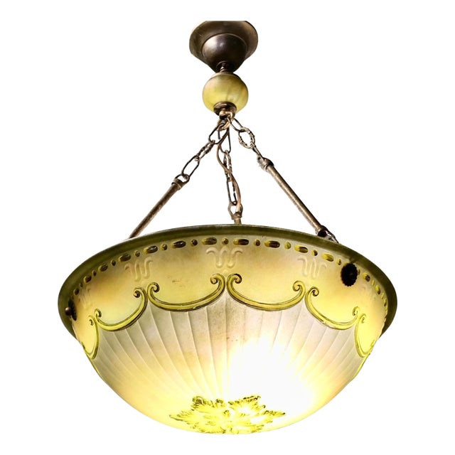 French Art Deco Decorated Glass Hanging Light with Brass Rose, 1930 For Sale