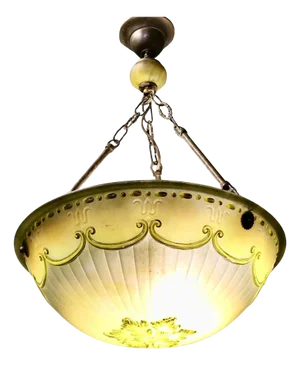 French Art Deco Decorated Glass Hanging Light with Brass Rose, 1930