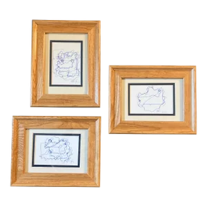1980’s 3 Original Wayne Cunningham Abstract Small Ink Drawings Vintage Oak Tabletop Frames-Set of 3