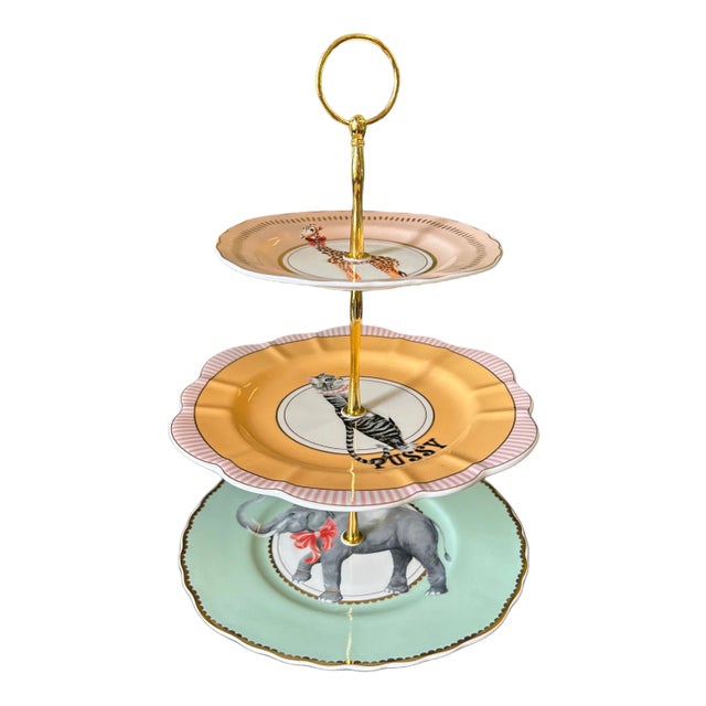 Three-Tier Cake Stand with Animals in English Porcelain by Yvonne Ellen For Sale