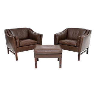 Vintage Danish Leather Armchairs and Ottoman by Georg Thams for Grant Mobelfabrik, 1960s, Set of 3 For Sale