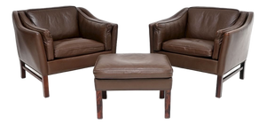 Vintage Danish Leather Armchairs and Ottoman by Georg Thams for Grant Mobelfabrik, 1960s, Set of 3