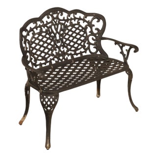 Cast Aluminum Garden Bench With Ornate Lattice Back For Sale