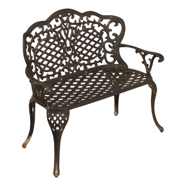 Cast Aluminum Garden Bench With Ornate Lattice Back For Sale