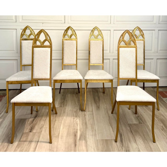 Set of 6 Hollywood Regency Gothic Revival Gilt Dining Chairs With Bouclé Upholstery For Sale In Los Angeles - Image 6 of 18
