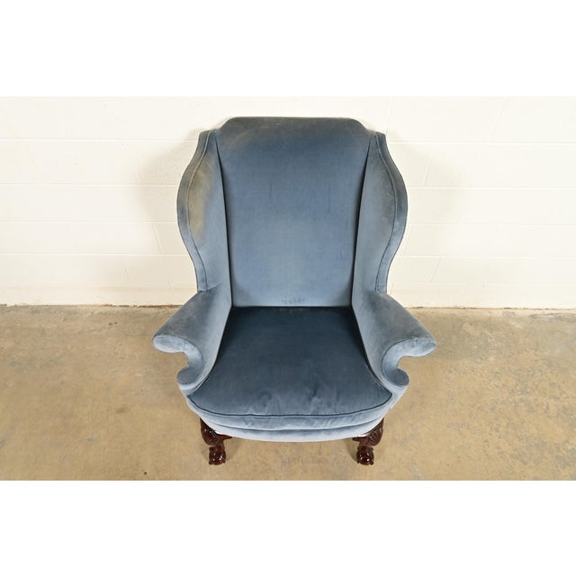 1980s Kindel Furniture Chippendale Carved Mahogany Blue Velvet Upholstered Wingback Lounge Chair For Sale - Image 5 of 14