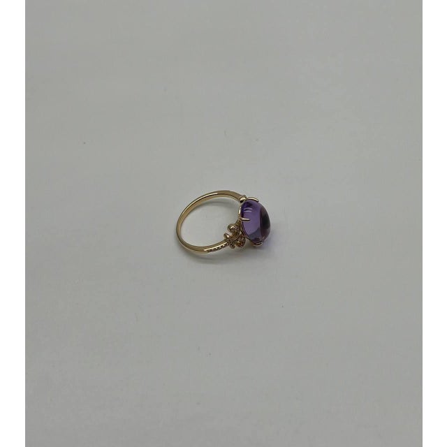 Metal Oval Cabochon Pink Violet Amethyst 14k Diamond Statement Unique Ring, Size 6.75 For Sale - Image 7 of 13