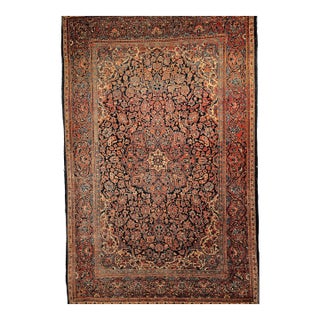 Vintage Persian Kashan Area Rug, Handwoven Floral Pattern, Navy & Blue, 5’ X 7’ For Sale