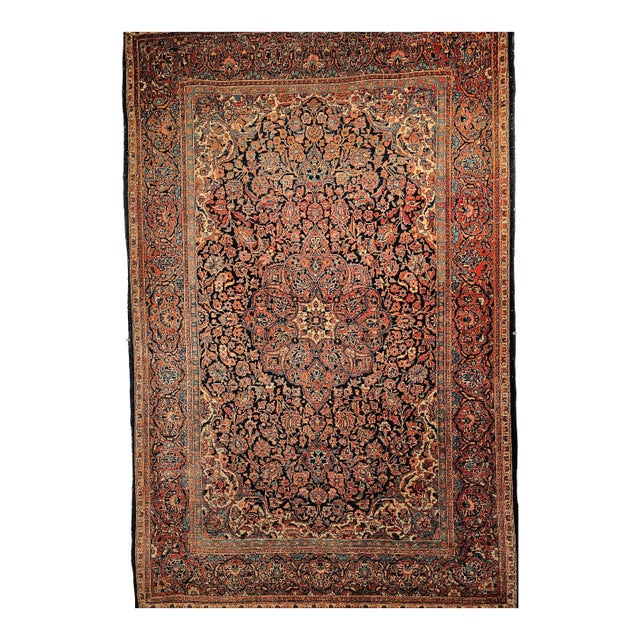 Vintage Persian Kashan Area Rug, Handwoven Floral Pattern, Navy & Blue, 5’ X 7’ For Sale