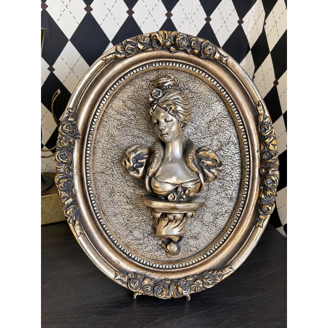1970s Vintage Neoclassical Silver-Tone Female Bust High-Relief Wall Plaques, Pair For Sale - Image 5 of 6