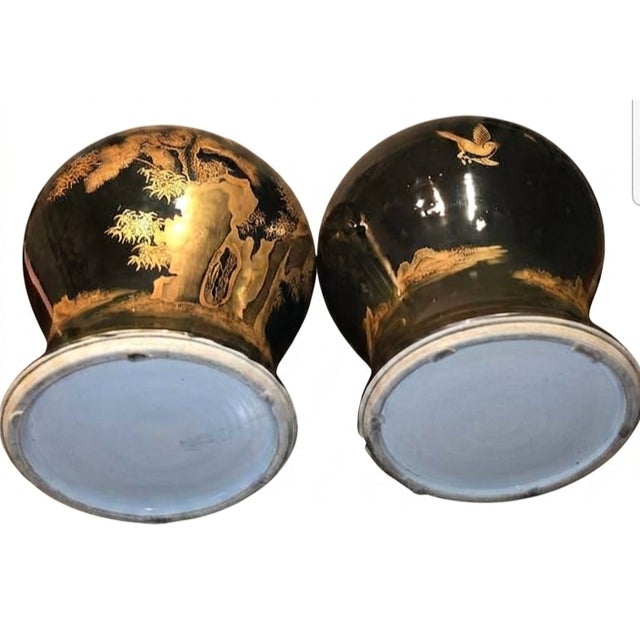 Pair of Mirror Black Chinese Ginger Jars have measurements of approximately 18"x10"x10".
