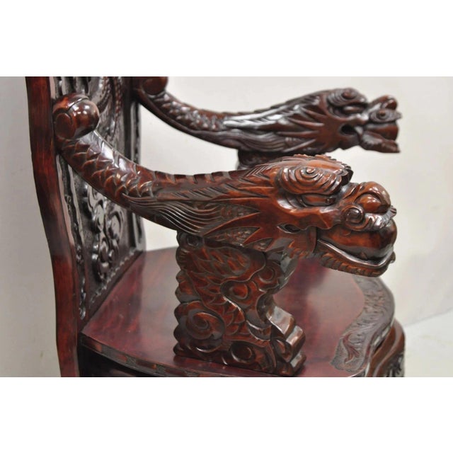 Antique Japanese Export Carved Hardwood Foo Dog Figural Throne Desk Arm Chair For Sale - Image 11 of 12