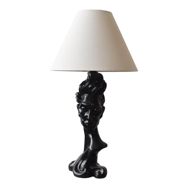 Vintage Rare Stylized Hand-Carved Oak Male Bust Lamp, Circa 1950s For Sale