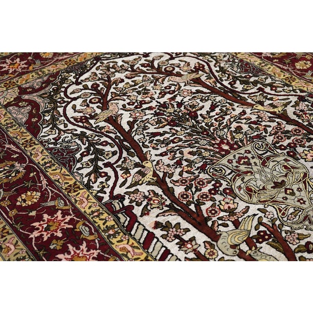 Textile 1960s Extremely Fine Turkish Silk Hereke With the Field Woven With Silver Metal Treads Rug 3'3'' X 4'6'' For Sale - Image 7 of 11