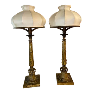 Mid 19th Century Victorian Gilded Bronze Oil Lamps With Raw Silk Oblate Globe Lamp Shades - a Pair
