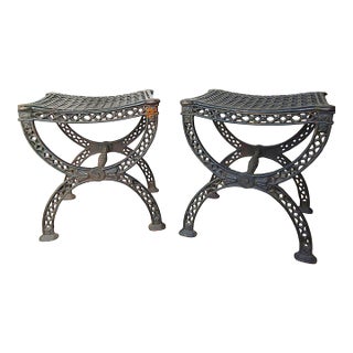 Pair 19th Century Antique European Cast Iron Garden / Patio Stools / Seats For Sale