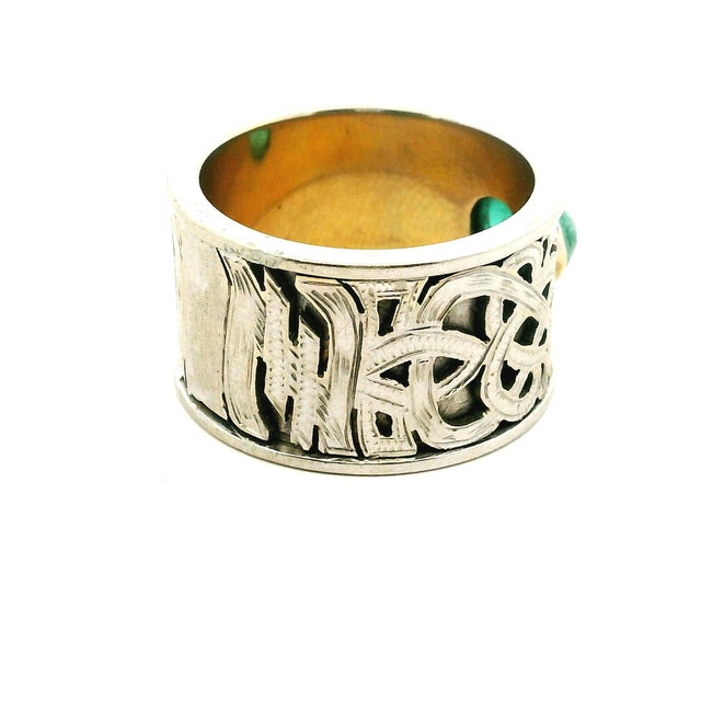 1980s Vintage Samuel Aaron 14k White Gold Cabochon Emerald Wide Band Ring, Size 9.75 For Sale - Image 5 of 12