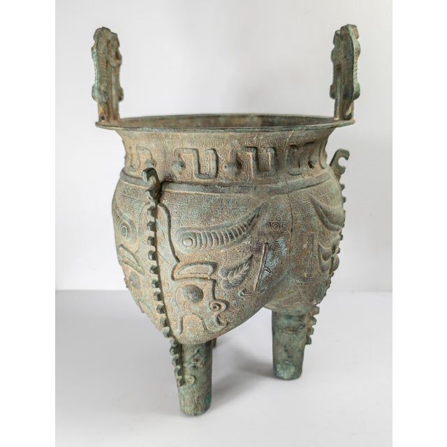 Chinese 20th Century Chinese Verdigris Brass Ding Ritual Bronze Form Vessel For Sale - Image 3 of 18