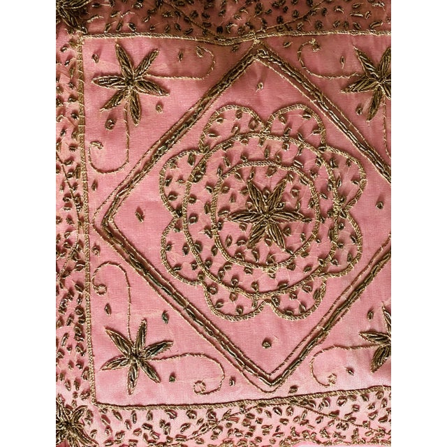 Shabby Chic Gold Tread Embroidered Makaresh Pink Silk Pillow With Tassels For Sale - Image 3 of 4