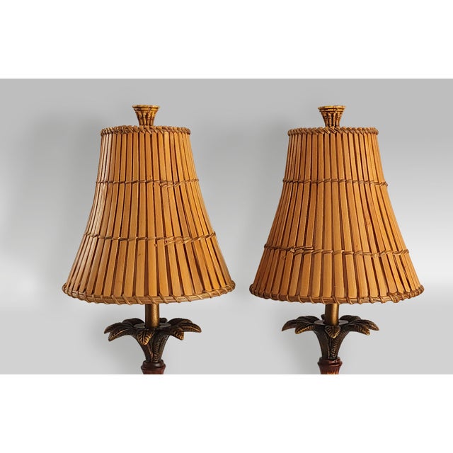 Tan Vintage Tropical Palm Tree Table Lamps With Bamboo Shades Restored - A Pair For Sale - Image 8 of 13
