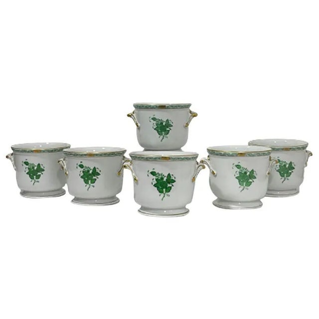 Herend Hungary porcelain "Chinese Bouquet Apponyi Green" cache pots. Herend Hungary porcelain cachepots with handles in...