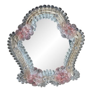 Vintage Murano Venetian Glass Floral Motif Table Mirror With Hook For Sale