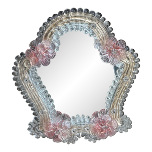 Vintage Murano Venetian Glass Floral Motif Table Mirror With Hook