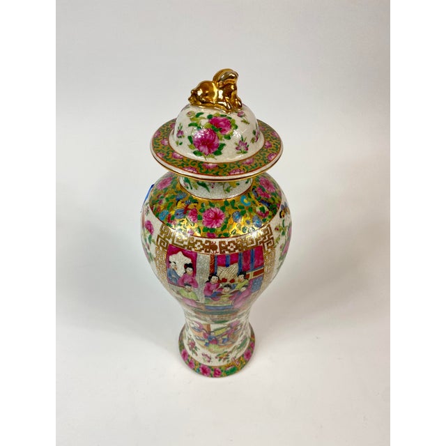 Chinese 1980s Hand Painted Porcelain Famille Rose Covered Vase For Sale - Image 3 of 10