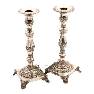 Silver Candlesticks with Turned and Engraved Shafts, Set of 2 For Sale