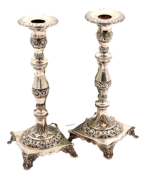 Silver Candlesticks with Turned and Engraved Shafts, Set of 2