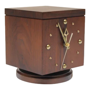 Vintage Walnut and Brass Swiveling Tabletop Weather Station Cube With Thermometer and Clock