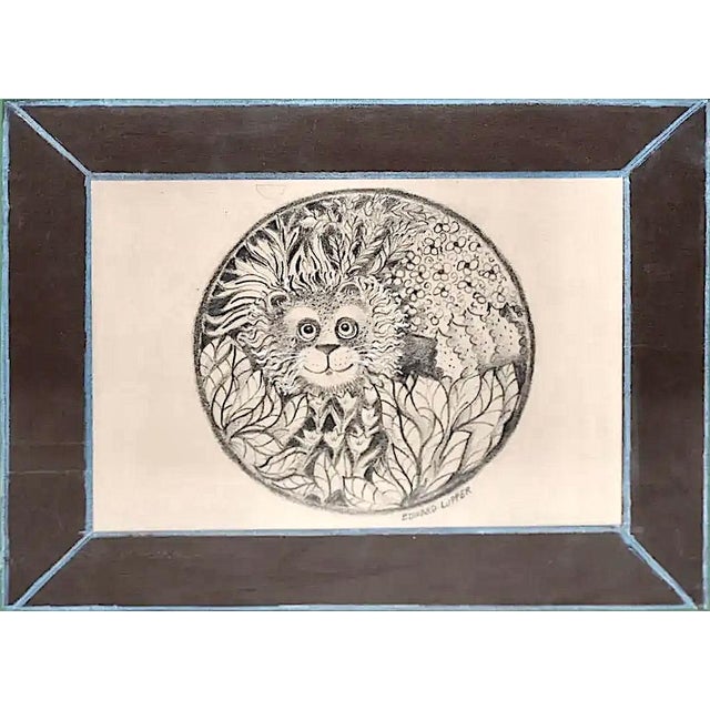 American Edward Lupper (1936-2016) "Lion in His Garden" Original Charcoal Drawing C.1960s For Sale - Image 3 of 10