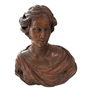 17th Century Continental Carved Wood Portrait Bust of a Woman For Sale