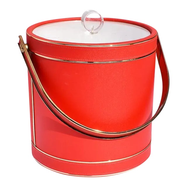 Mid-Century Red Ice Bucket With Lucite Acrylic Top With Handle and Brass Details For Sale