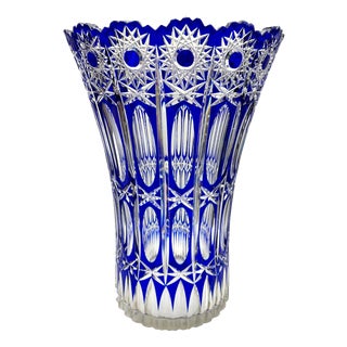 Large Bohemian Vibrant Cobalt Vase in Crystal Cut-to-Clear, 1930 For Sale