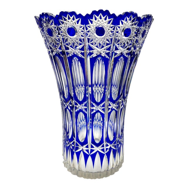 Large Bohemian Vibrant Cobalt Vase in Crystal Cut-to-Clear, 1930 For Sale