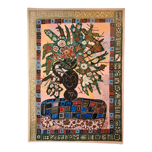 1989 Menia Litvak, Israeli Folk Art Bright Colorful Naive Floral Arrangement Still Life Painting For Sale