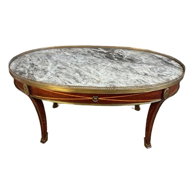 Vintage French Louis XVI Style Oval Coffee Table With Marble Top and Brass Gallery For Sale