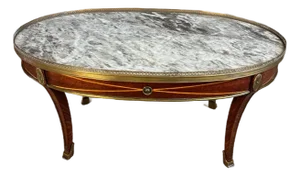 Vintage French Louis XVI Style Oval Coffee Table With Marble Top and Brass Gallery