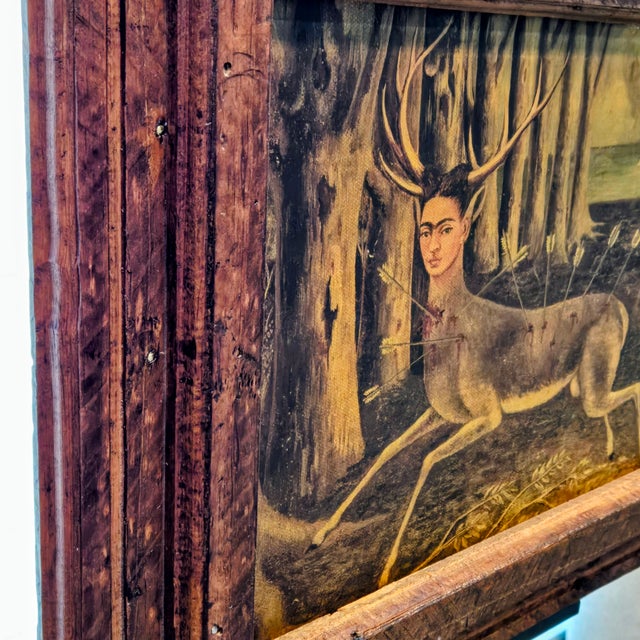 Mid 20th Century Mid-Century Turista Mexican Folk Art: Frida Kahlo "Wounded Deer" (1946) Lithograph on Canvas - Rustic Pine Frame For Sale - Image 5 of 12