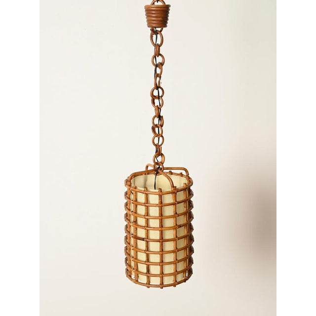 Wood Vintage Pendant Light in Parchment with Rattan and Wicker by Louis Sognot, France, 1960s For Sale - Image 7 of 14