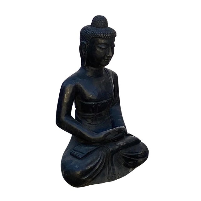 Chinese Chinese Black Color Stone Carved Sitting Buddha Amitabha Shakyamuni Statue For Sale - Image 3 of 7