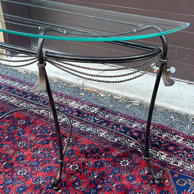 Modern Vintage Hollywood Regency Wrought Iron Rope & Tassel Demilune Glass Top Console Table For Sale - Image 3 of 12