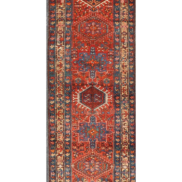 Tribal Antique Serapi Runner With Bold Geometric Medallions and Rich Tribal Design Motifs 3'3" X 14'0" For Sale - Image 3 of 13