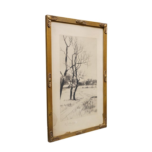 Late 19th century black and white etching by Ernest C. Rost. Vertical landscape showing a snow covered road curving...