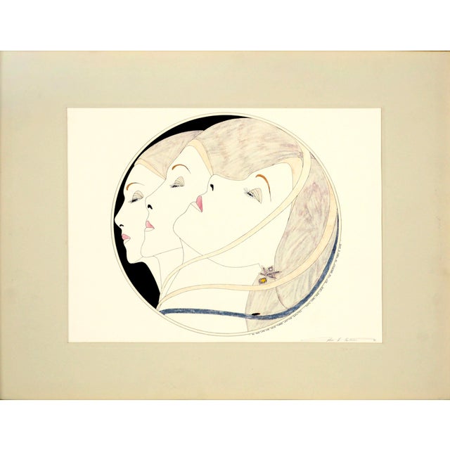 "Three Ribbon Heads", Art Deco Female Figurative by John Luke Eastman. 1984 Beautiful mid-1980's hand colored Art Deco...