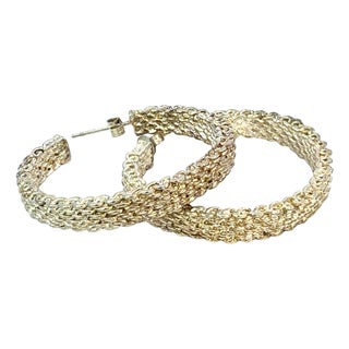 1990s Pair of Tiffany & Co Somerset Hoop Earrings 1.75" Sterling Silver Estate For Sale