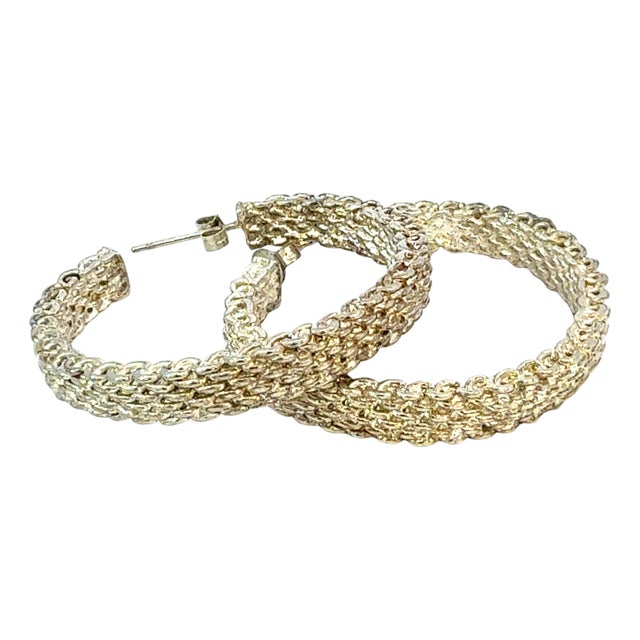 1990s Pair of Tiffany & Co Somerset Hoop Earrings 1.75" Sterling Silver Estate For Sale