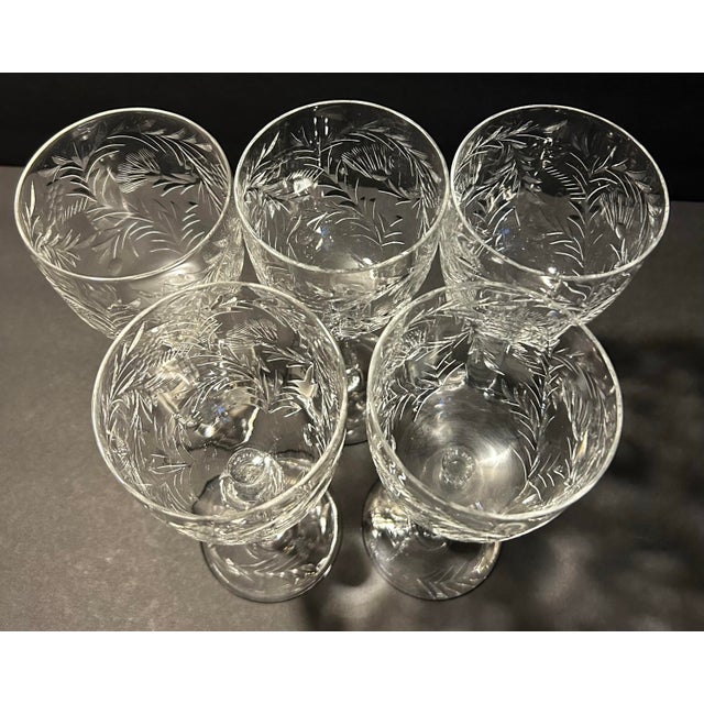 1930s Antique 1930’s Rock Sharpe Crystal Stem Wine Glasses Paisley Pattern Set of 5 For Sale - Image 5 of 9