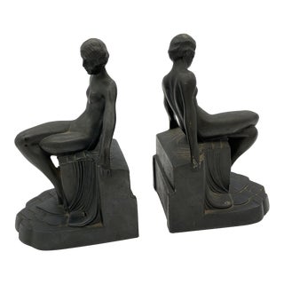 1920s Nuart Nude Art Deco Flapper Girl Spelter Metal Bookends- Pair For Sale